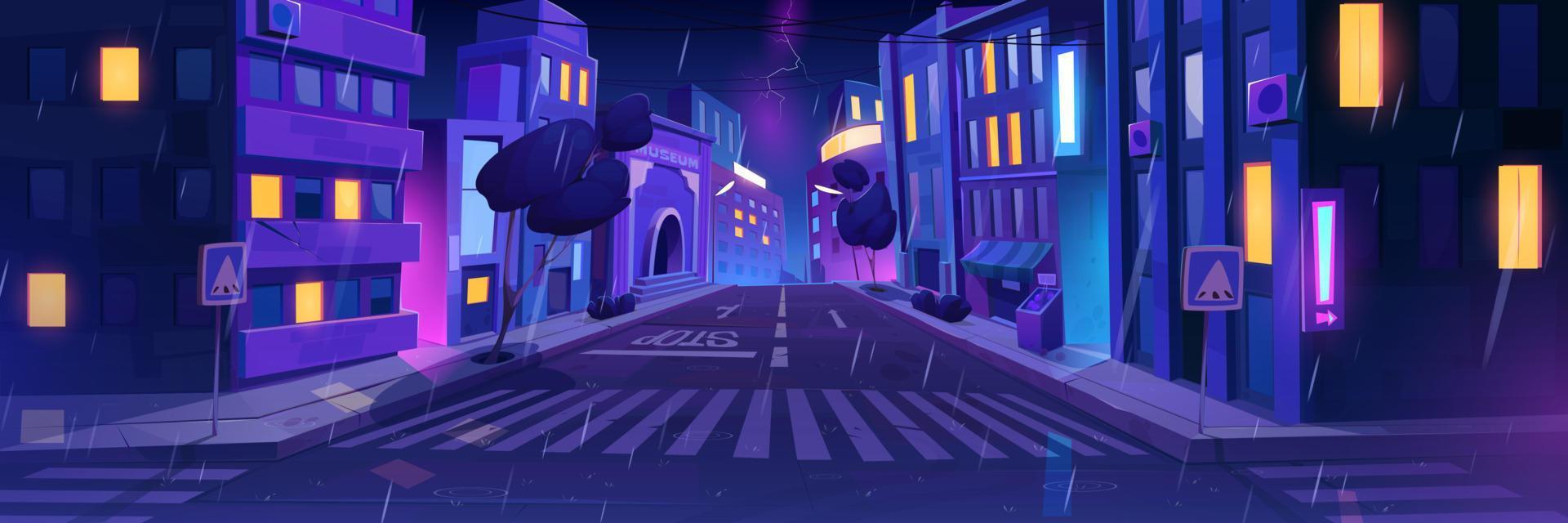 Rainy night in modern city downtown vector