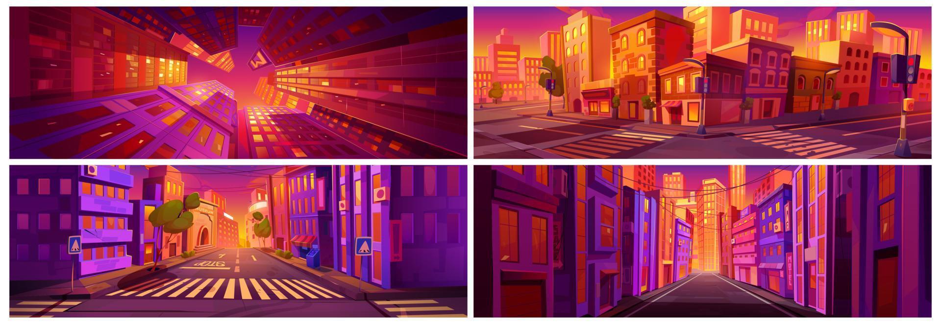 Cartoon city sunset vibrant game background set vector