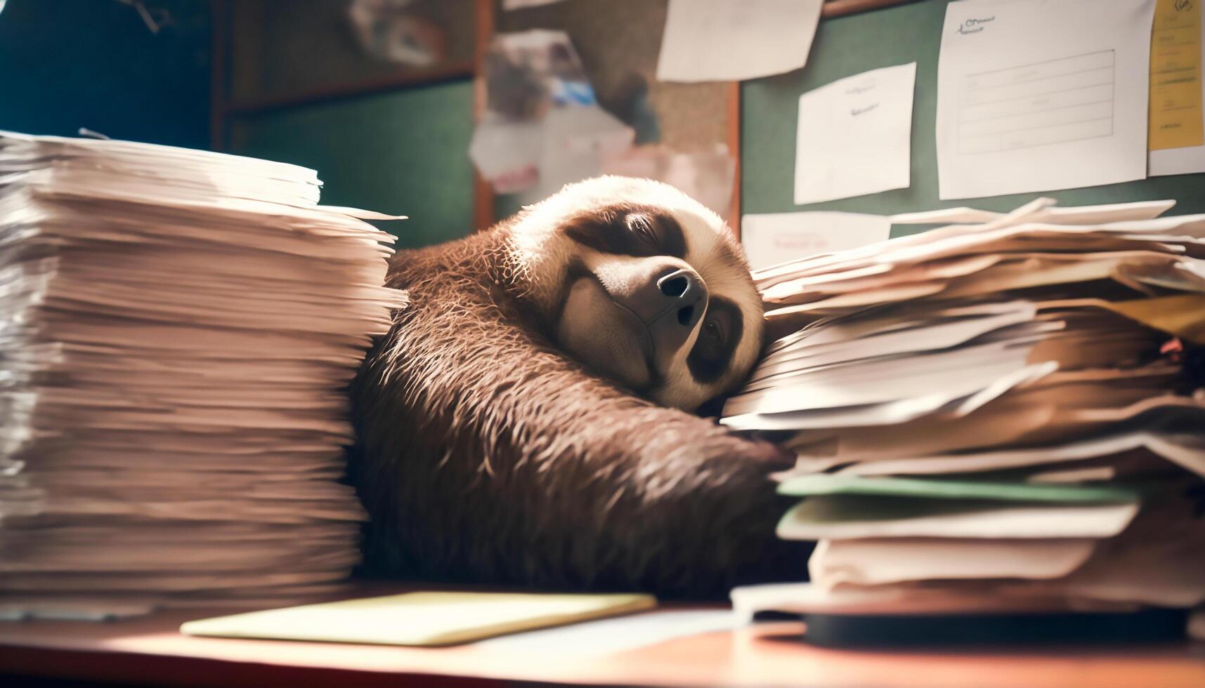 very tired sloth sleeps on lots of files in the office, 21794888 Stock