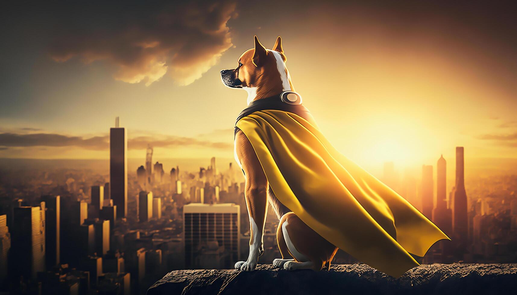 super hero dog on roof top over city, photo