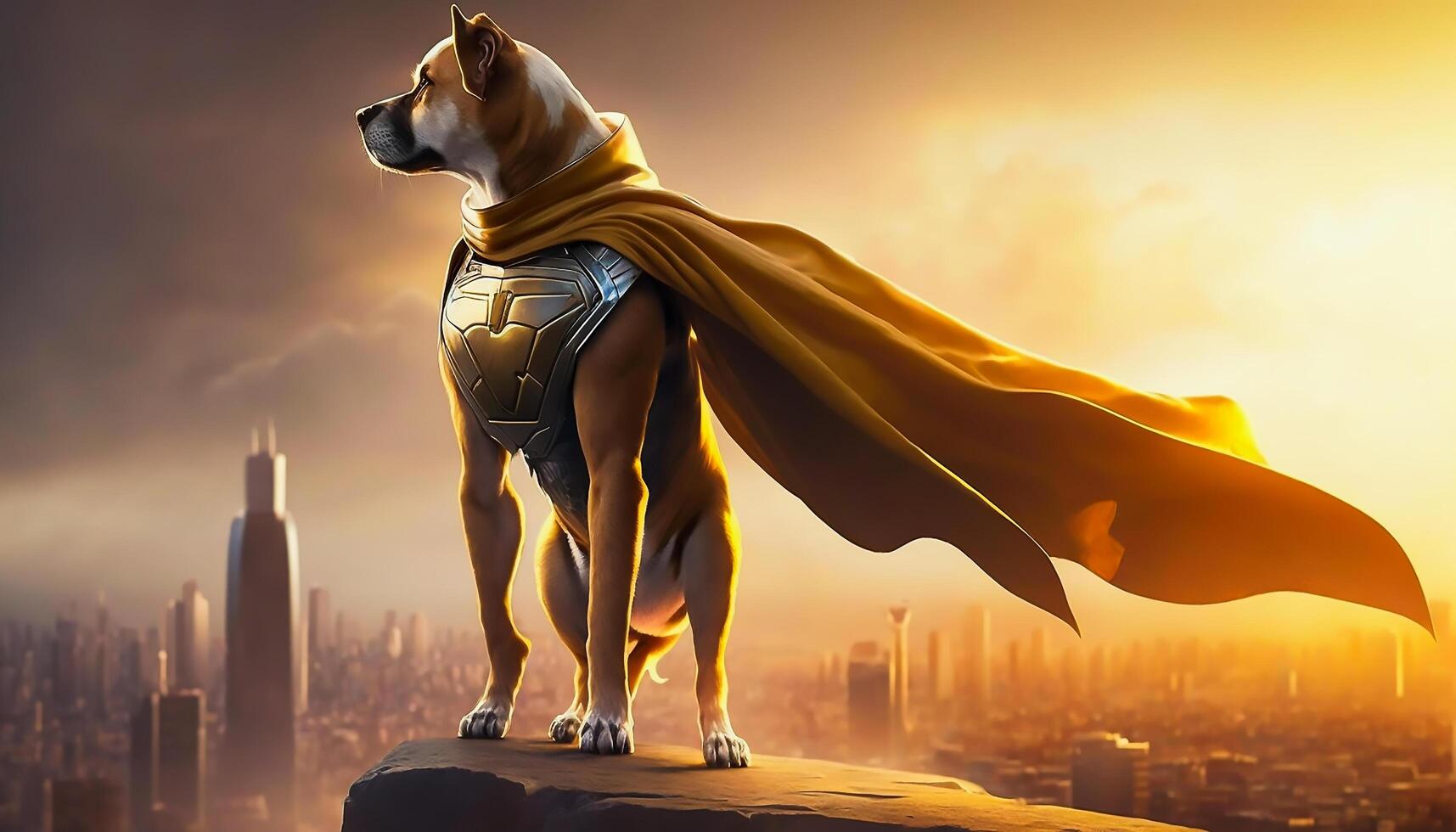 super hero dog on roof top over city, photo