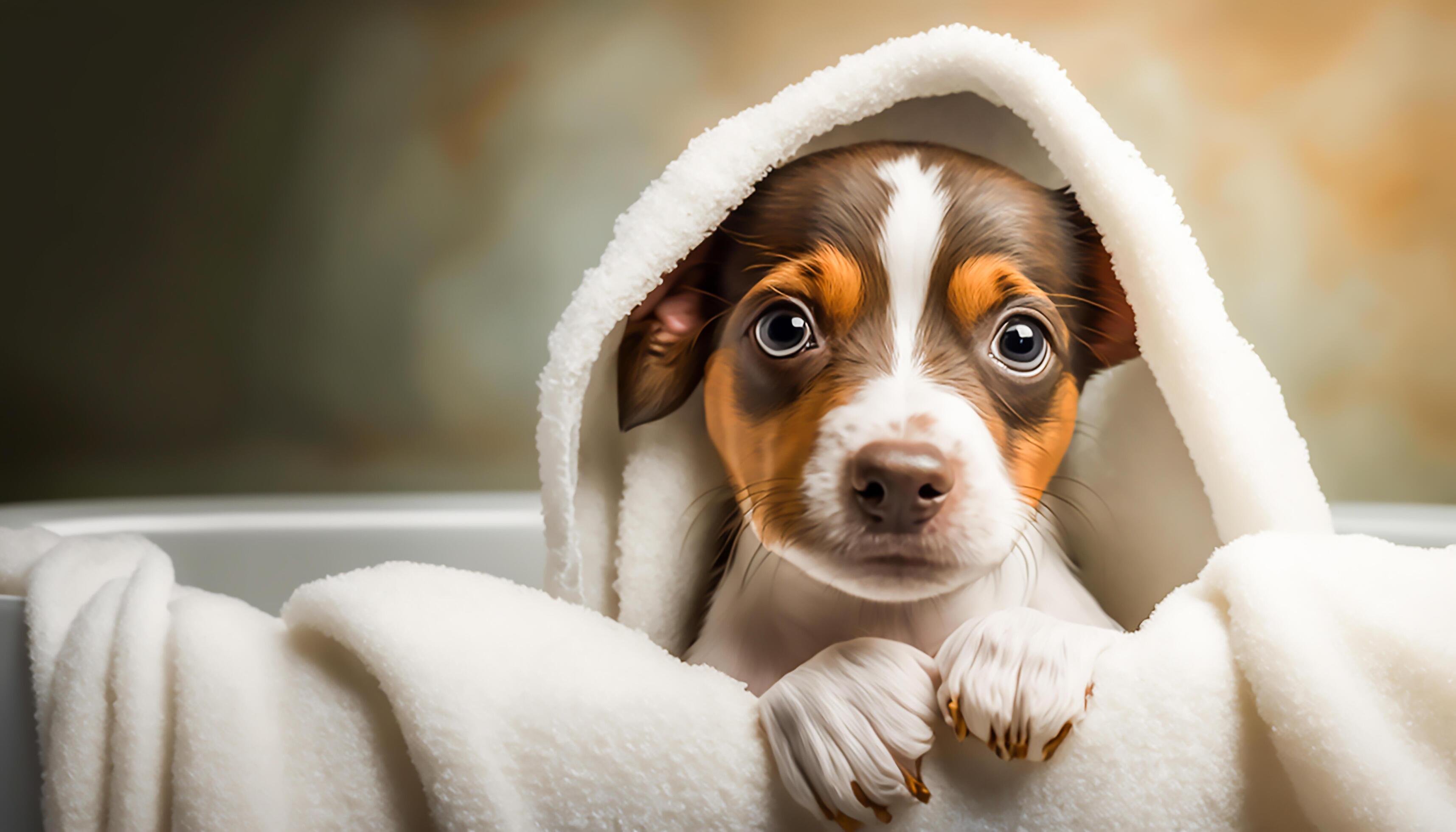 Puppy relaxing spa laying in bathtub in bathroom, cute dog take a bath