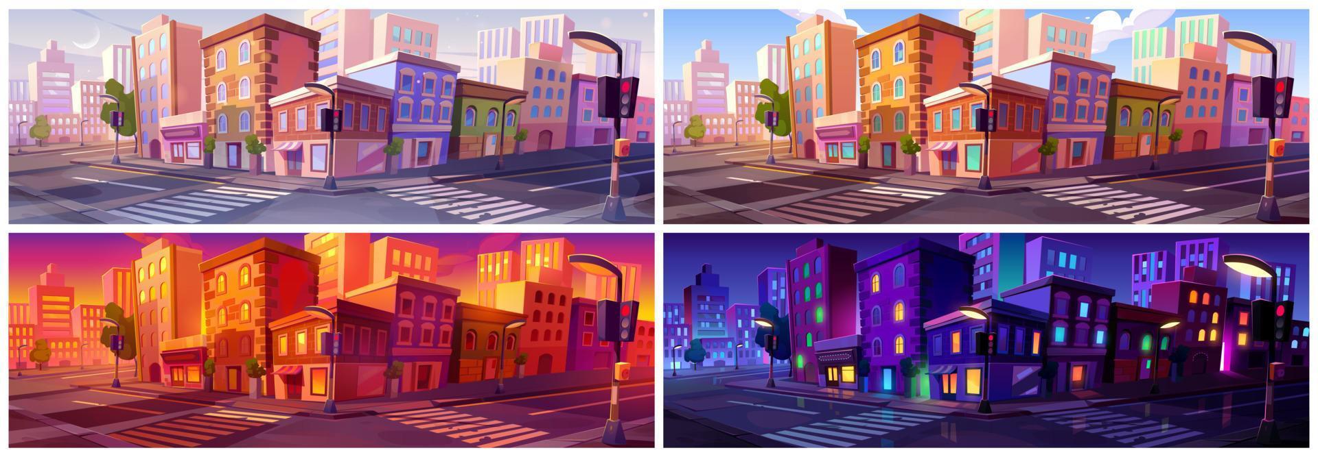 City street at night and day time cartoon vector