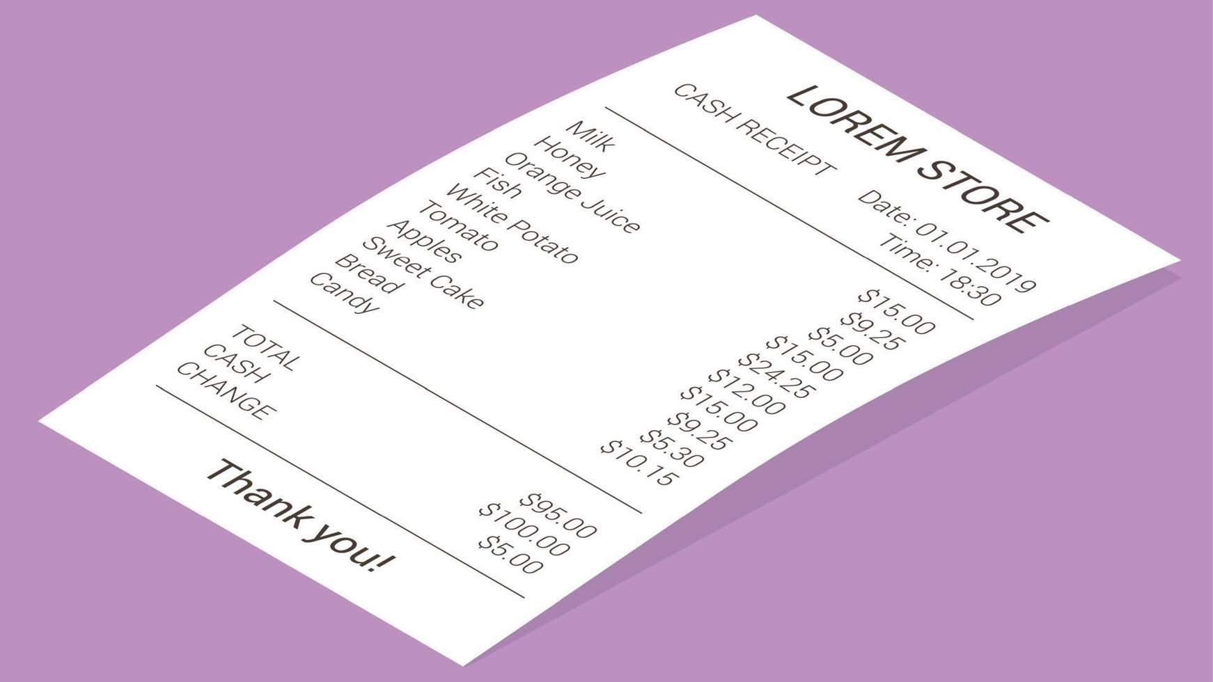 Isometric shop receipt, paper payment bill vector