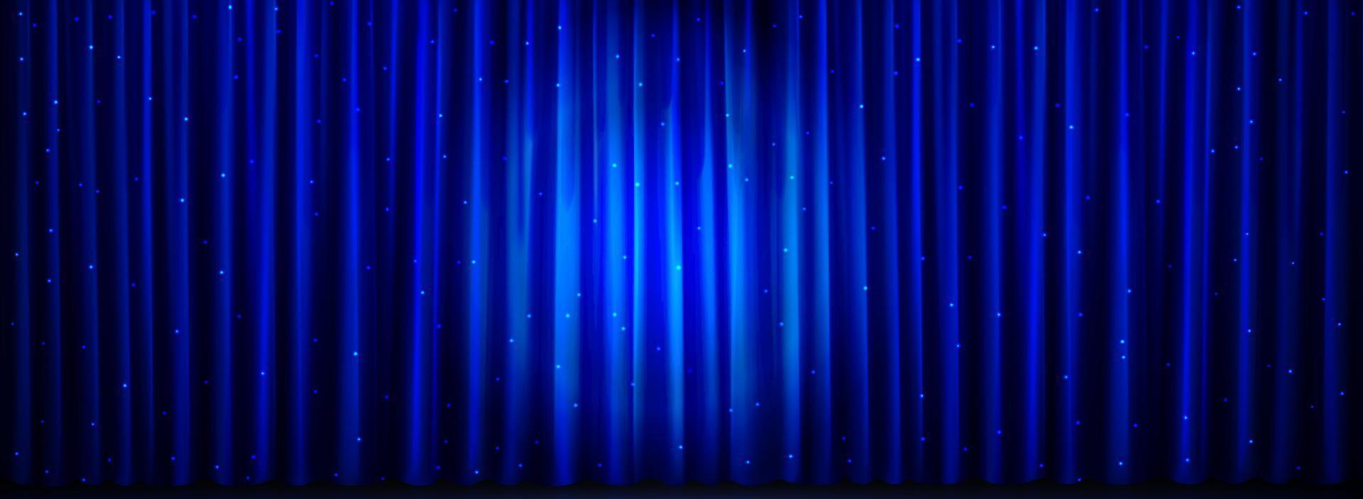 Realistic blue curtain background, garland lights vector