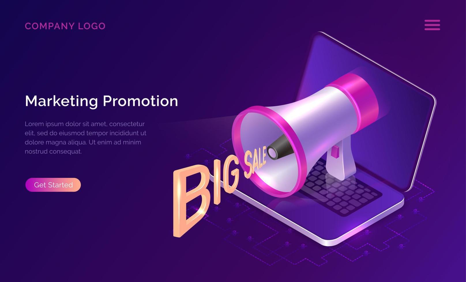 Marketing promotion concept, isometric megaphone vector