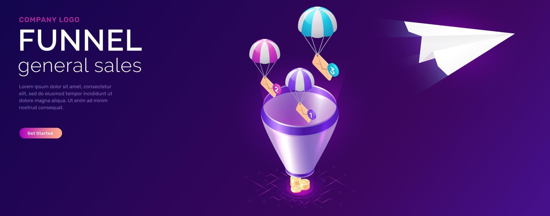 Sale funnel and email message service, isometric vector