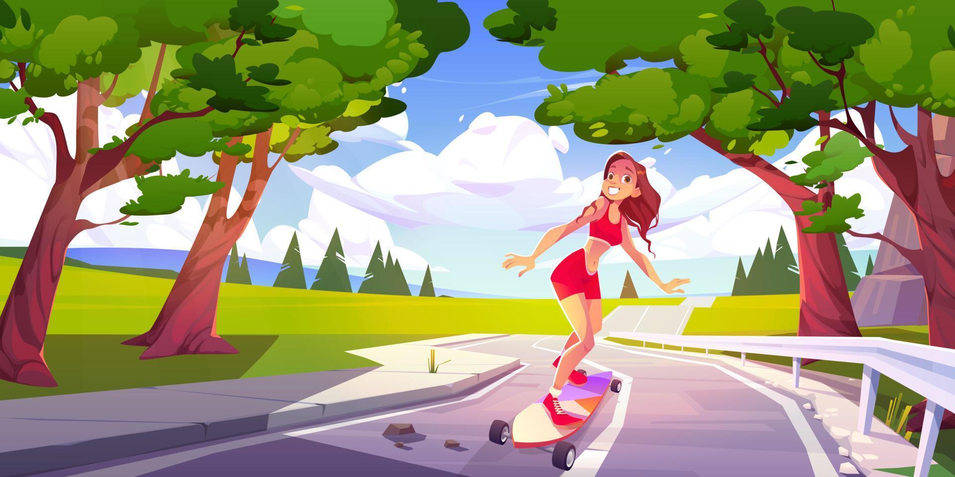 Girl riding on skateboard on road vector