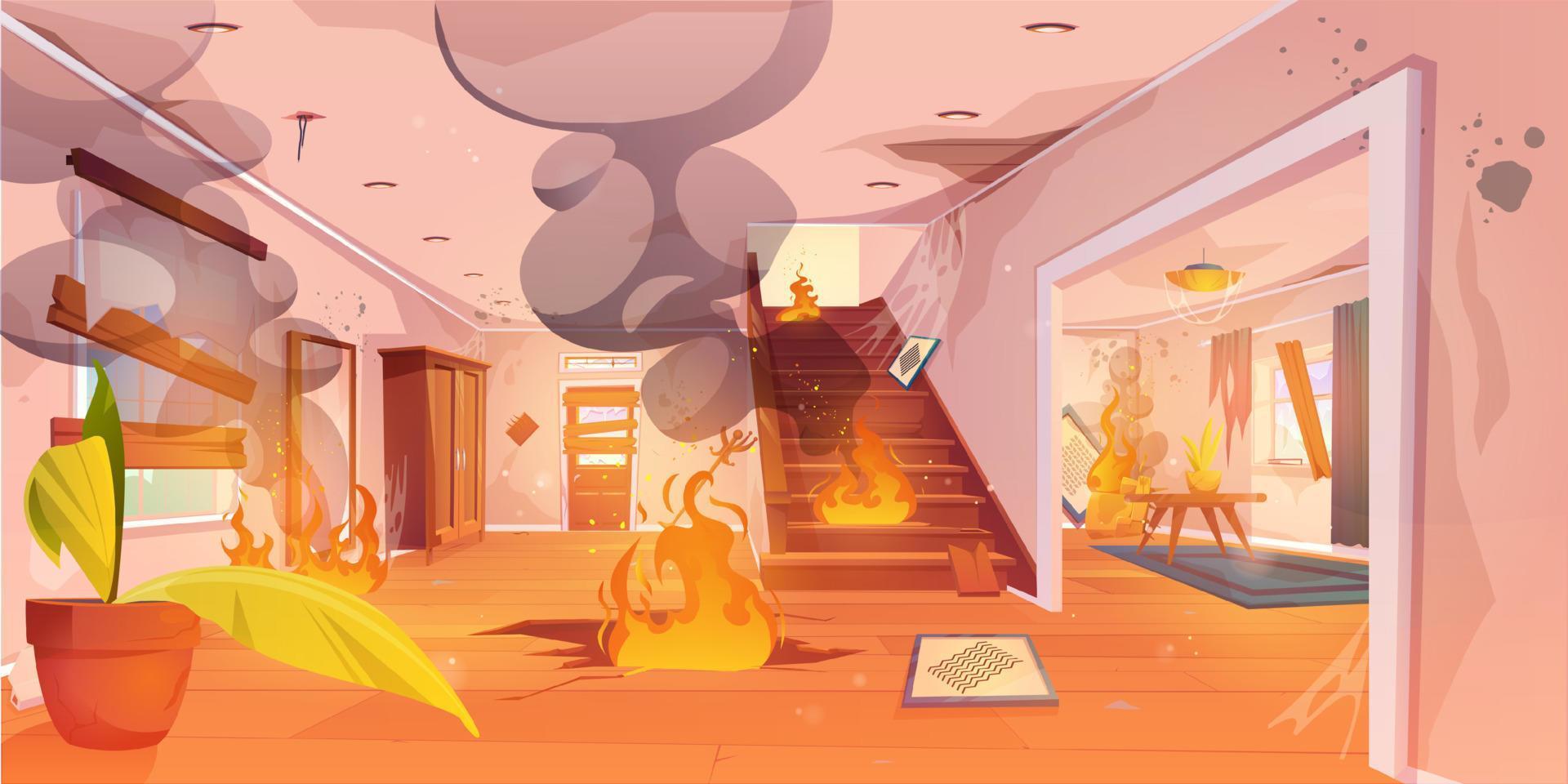 Burning fire inside home. Accident scene vector