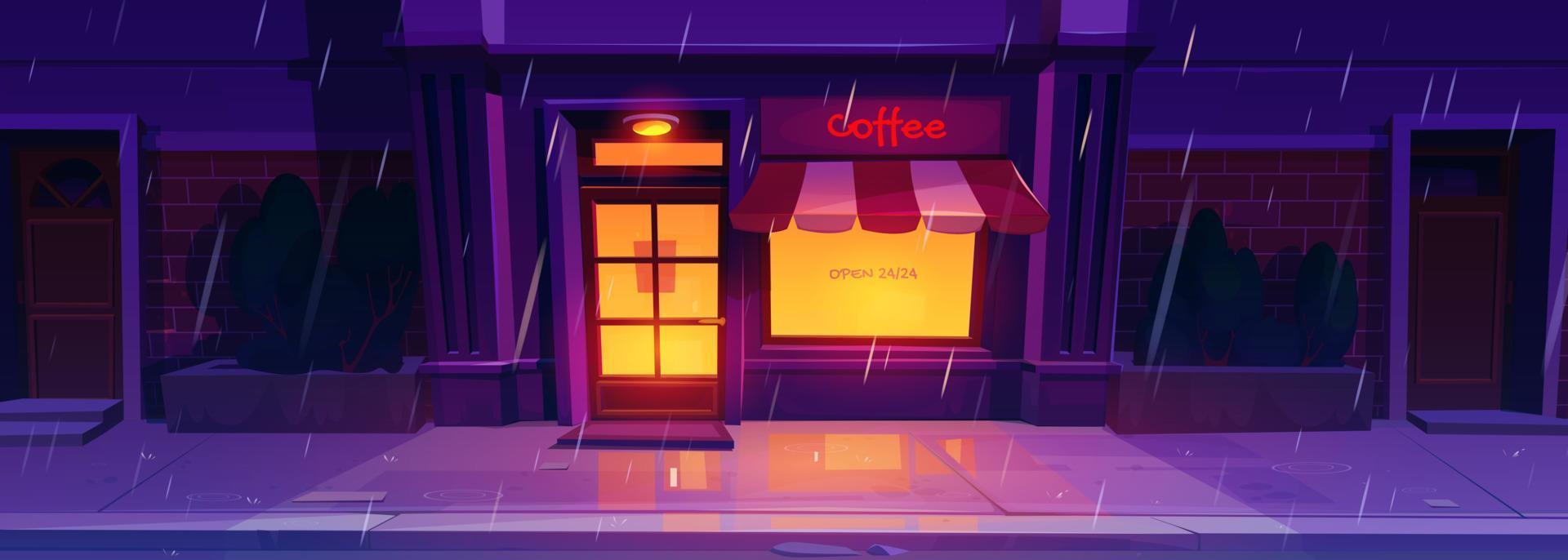 Bar on city street, rainy night cartoon background vector
