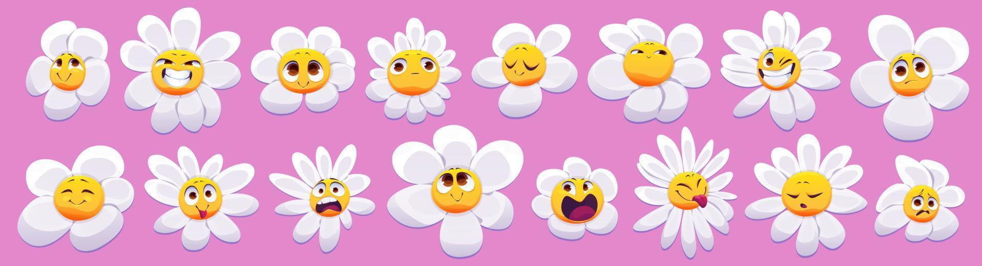Cartoon set of cute chamomile emoji with emotions vector