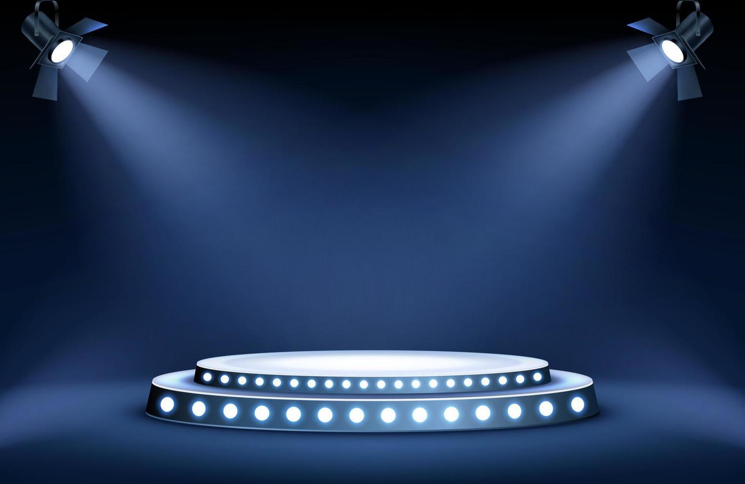 Round podium stage in spotlights rays, realistic vector