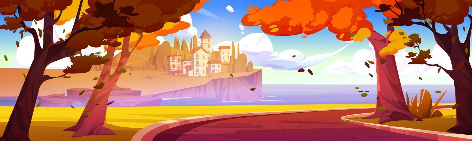 Autumn sea coast with italian village on cliff. vector