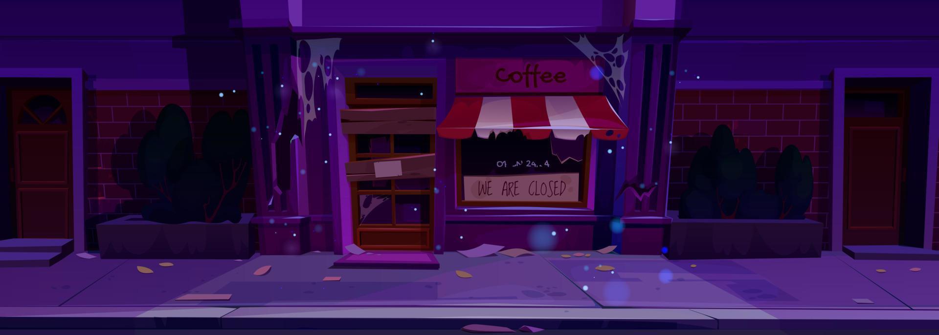 Abandoned facade of closed cafe at night vector