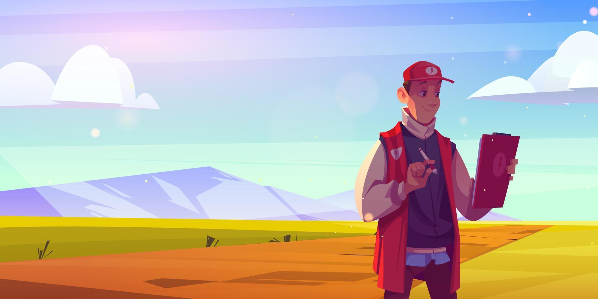 Man checking plot land for sale. Sell field scene vector