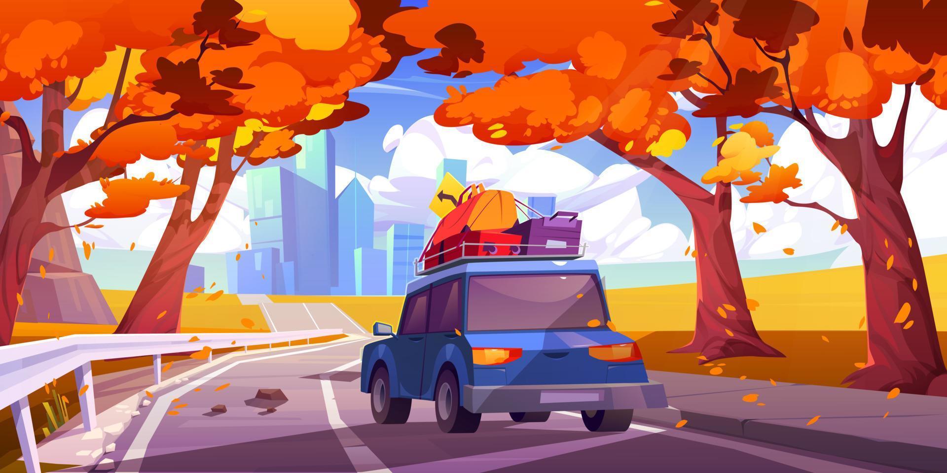 Autumn landscape with car drives on road to city vector