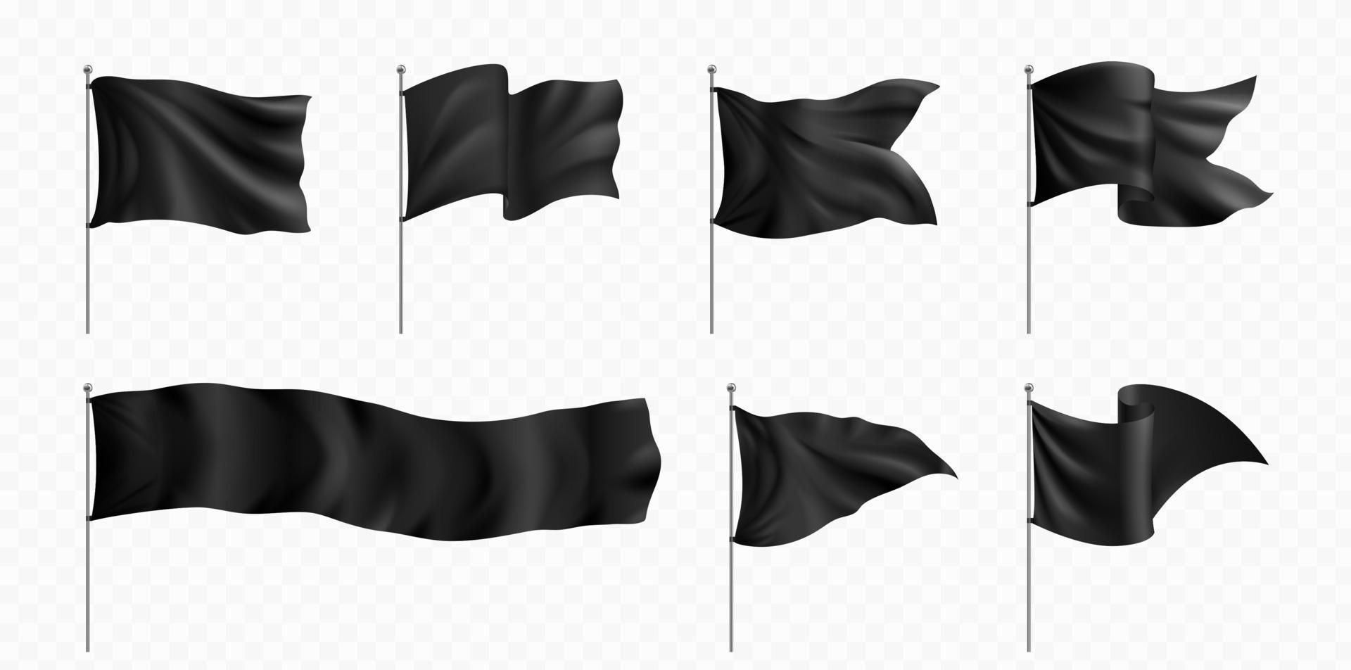 Black flags and pennants on poles mockup vector