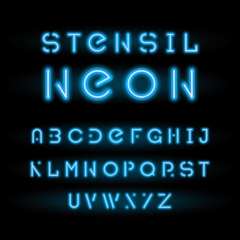 Stencil neon typeface, blue modular round alphabet vector