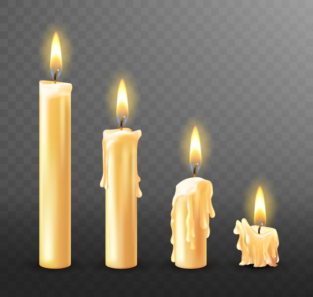Burning candle, dripping or flowing wax, realistic vector