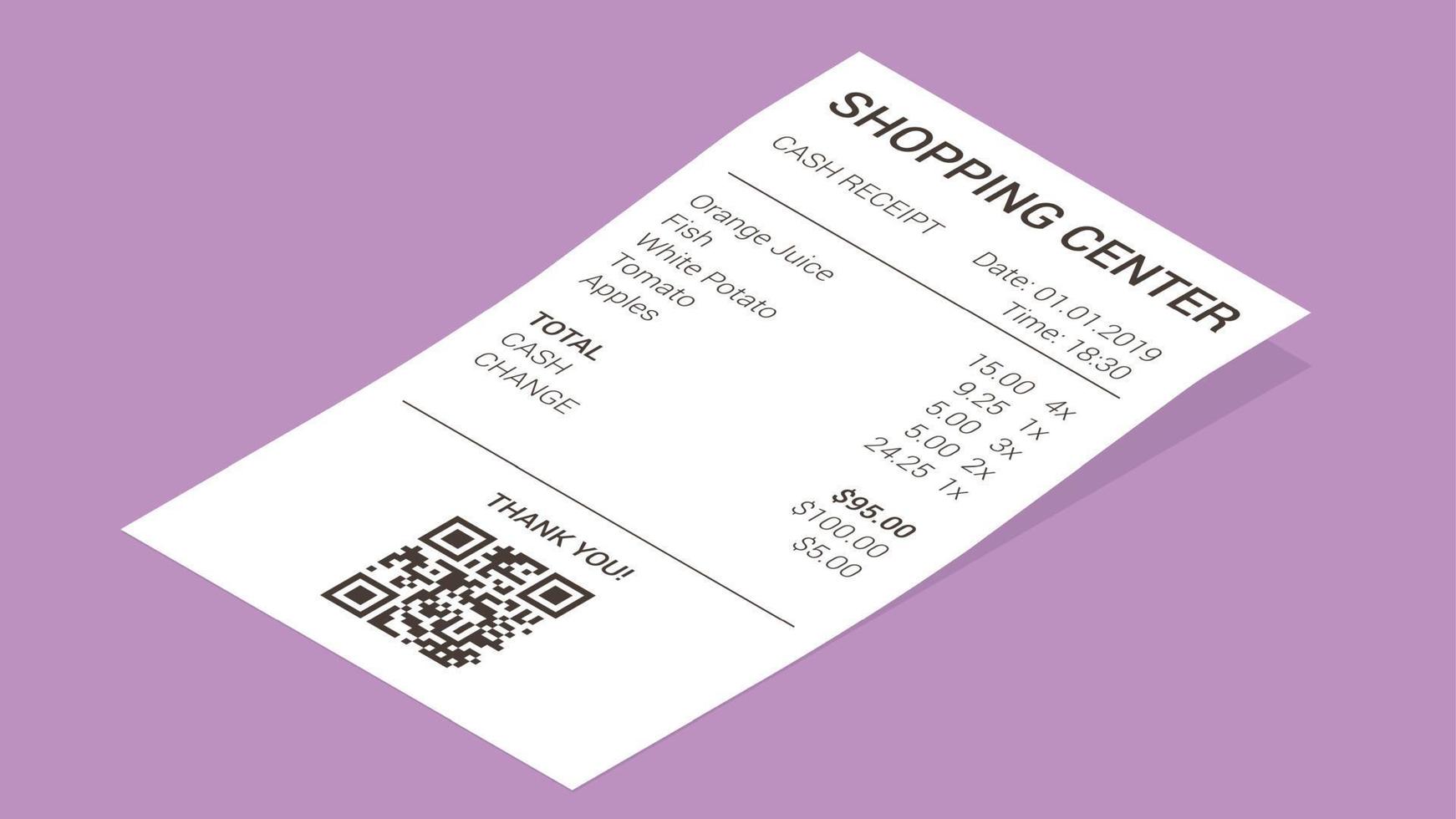 Isometric shop receipt, paper payment bill vector