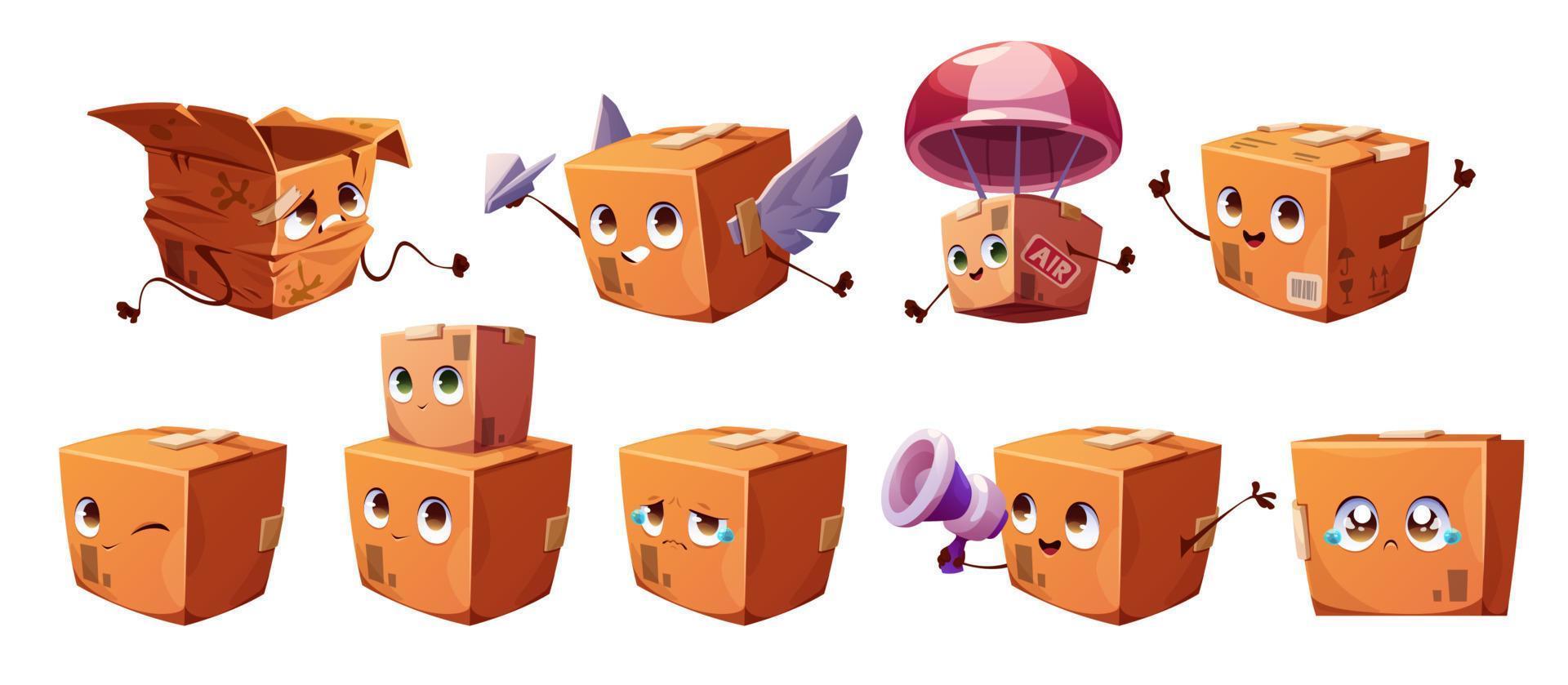 Parcel box mascot delivery character with emotions vector