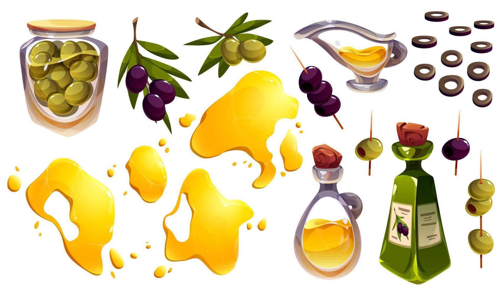 Cartoon set of olive tree branches, oil splashes vector