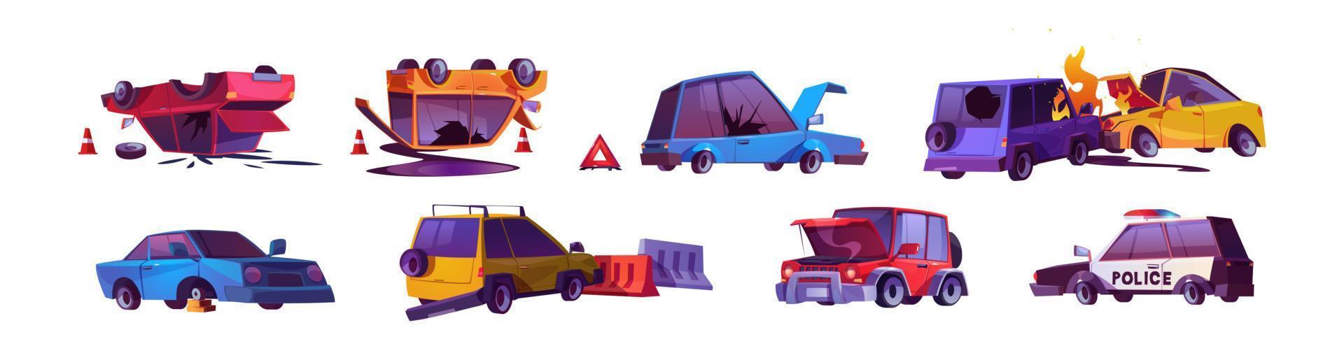coche choque y accidente dibujos animados escena vector conjunto
