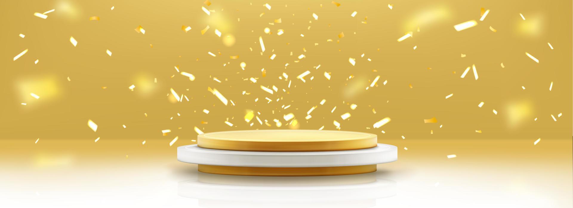 Gold podium and falling confetti winner background vector