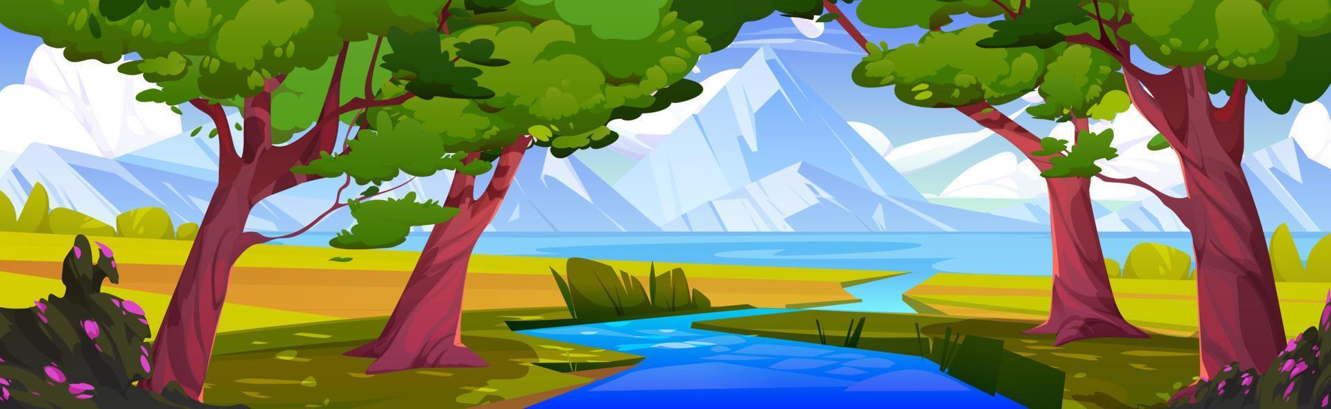 verano montaña corriente y bosque vector paisaje