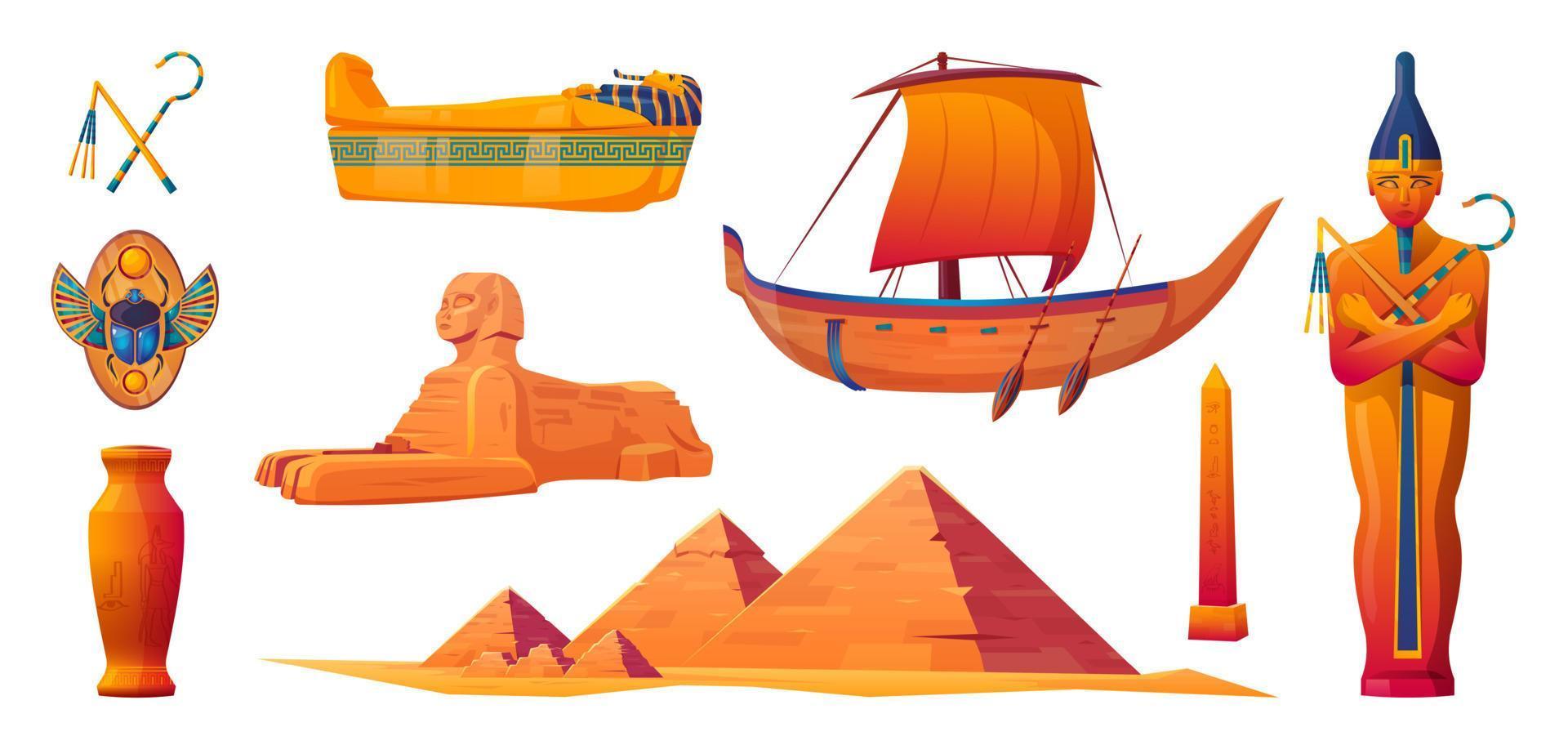 Egypt temple, pharaoh and sarcophagus vector set