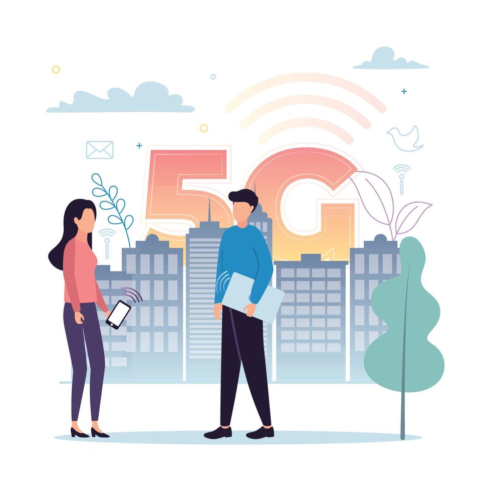 5g móvil Internet. un hombre con un computadora portátil, un mujer con un teléfono inteligente, en contra el antecedentes de un ciudad edificio, plantas, red iconos, nubes vector ilustración.