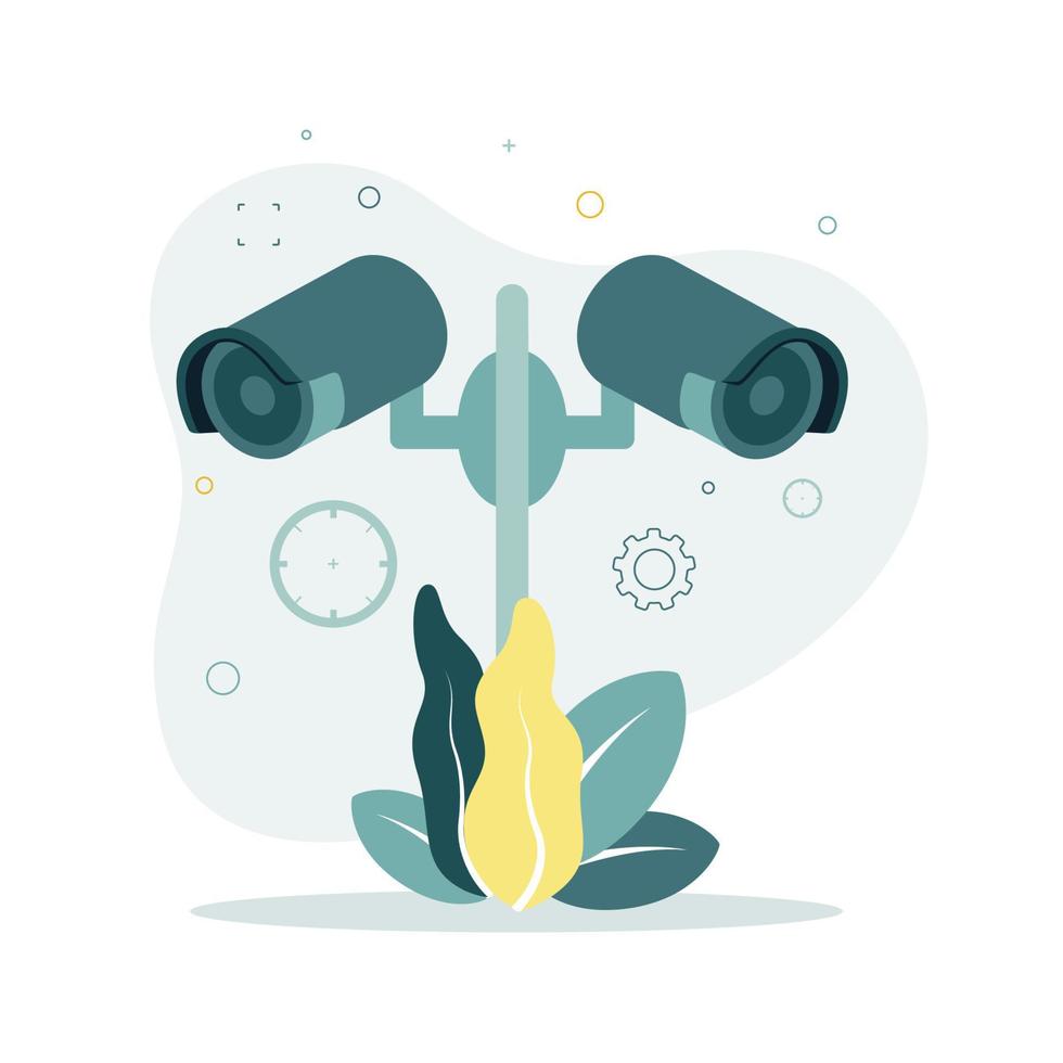 CCTV. Vector illustration of a cctv cameras, on the background of leaves, gear.