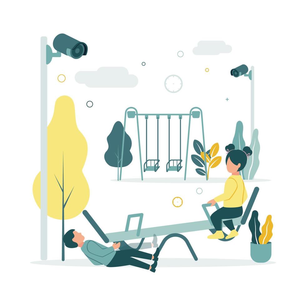 CCTV. Vector illustration of children swinging on a swing at the playground in kindergarten, the boy fell, the surveillance cameras are filming, against the background of trees, plants, clouds.