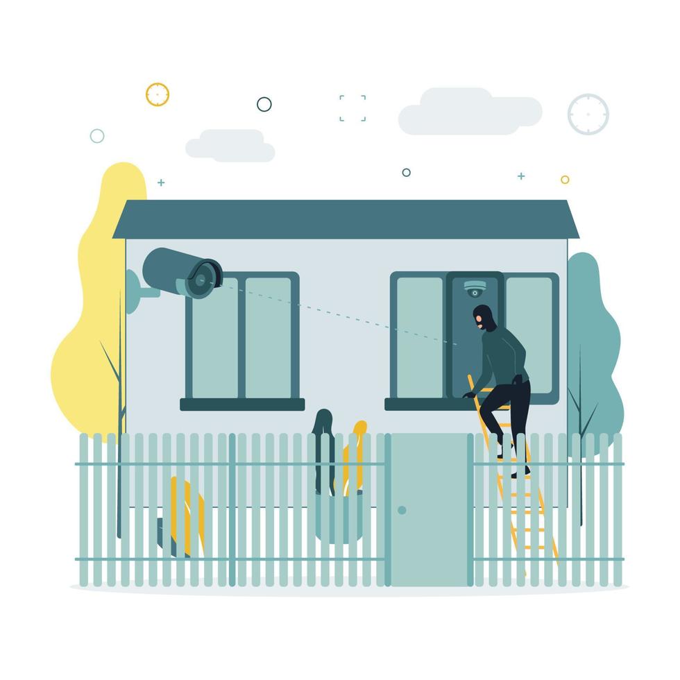 Video monitoring. A vector illustration of a burglar climbing a window on a staircase, a video surveillance camera takes it off. The camera shoots as a masked man creeps into a window at home.