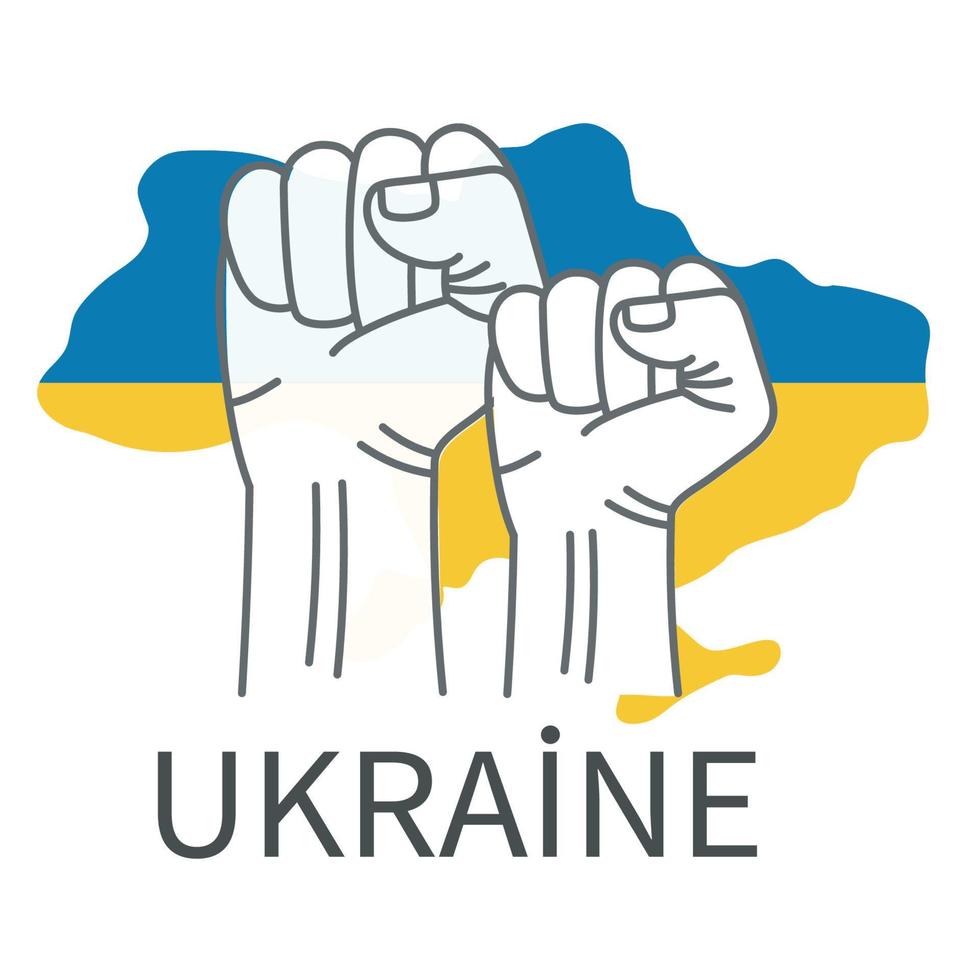 Together with Ukraine. Blue yellow hands keep the peace. Linear vector illustration