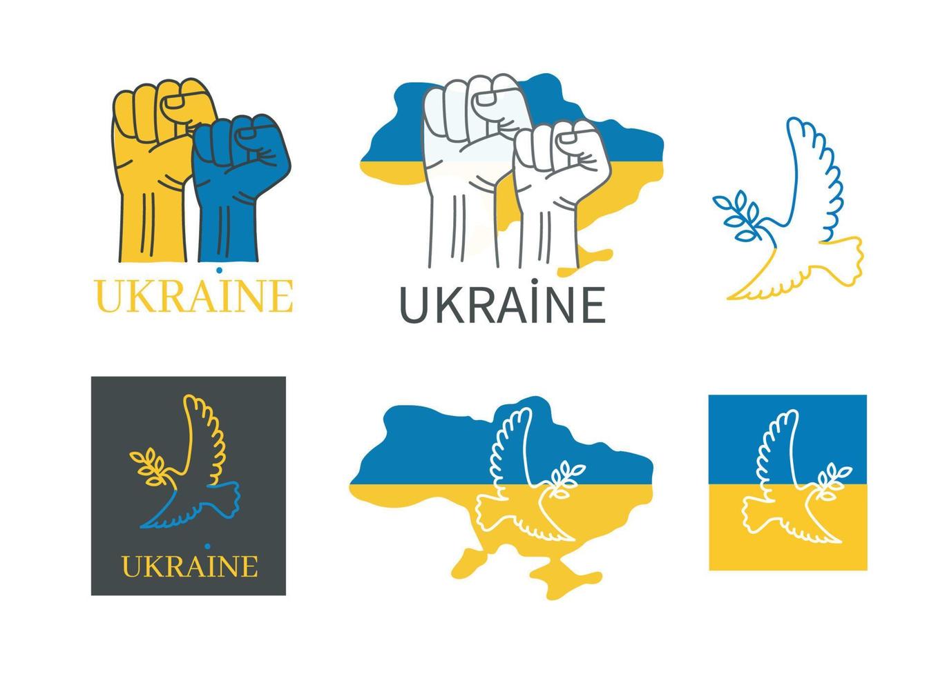 Together with Ukraine. Blue yellow hands keep the peace. Linear vector illustration with a flying pigeon.