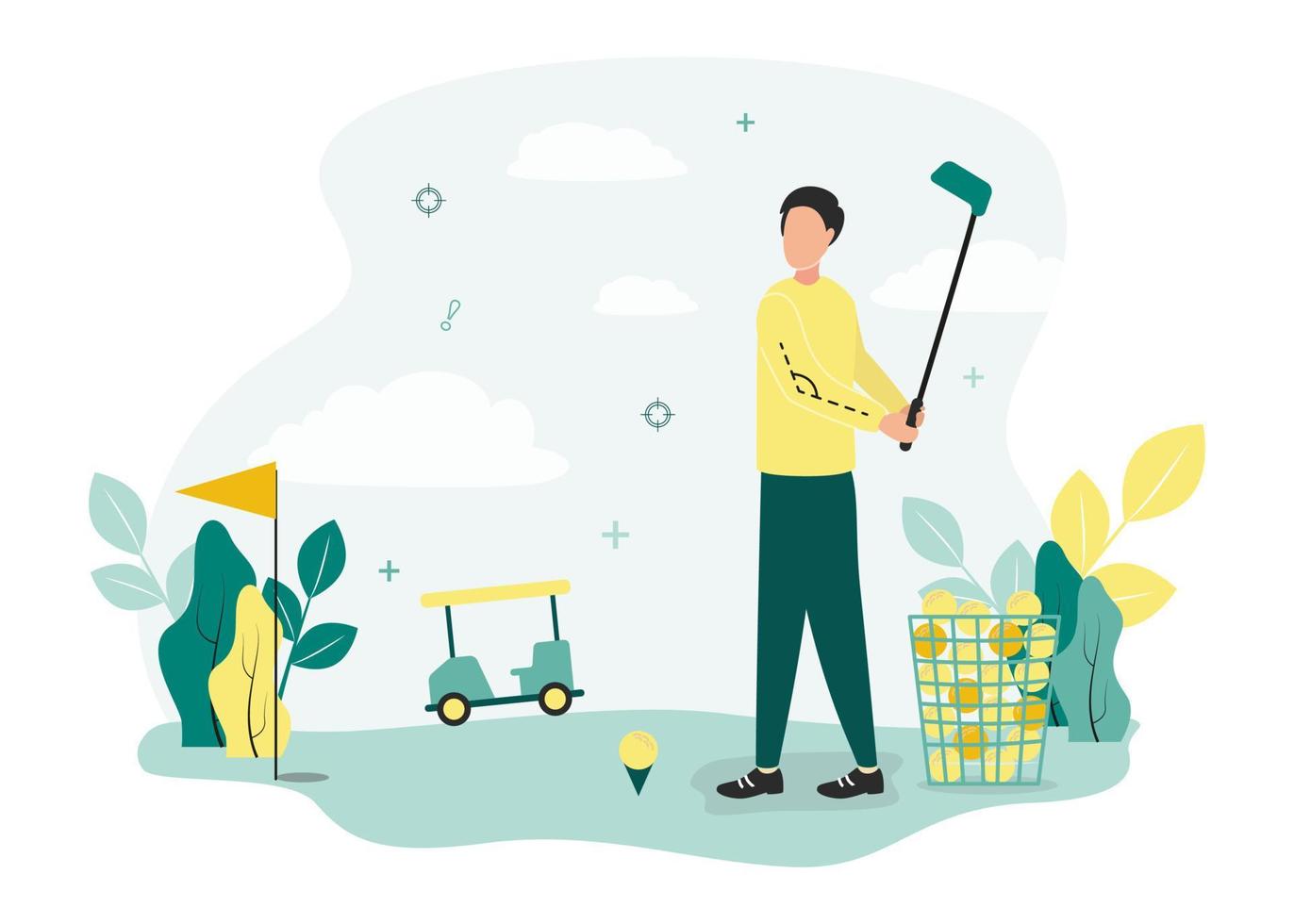 Golf illustration. A man with a stick stands near the ball on a stand and a basket with balls, on a golf course a flagpole with a flag, trees, a golf cart, against a background of trees vector