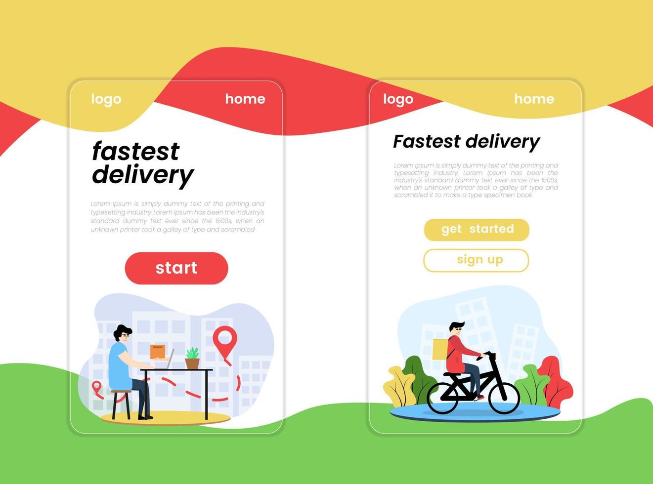 Set of fast delivery banner illustrations. Illustration of a courier on a bicycle delivers on the background of buildings and plants with the inscription fast delivery and text. vector