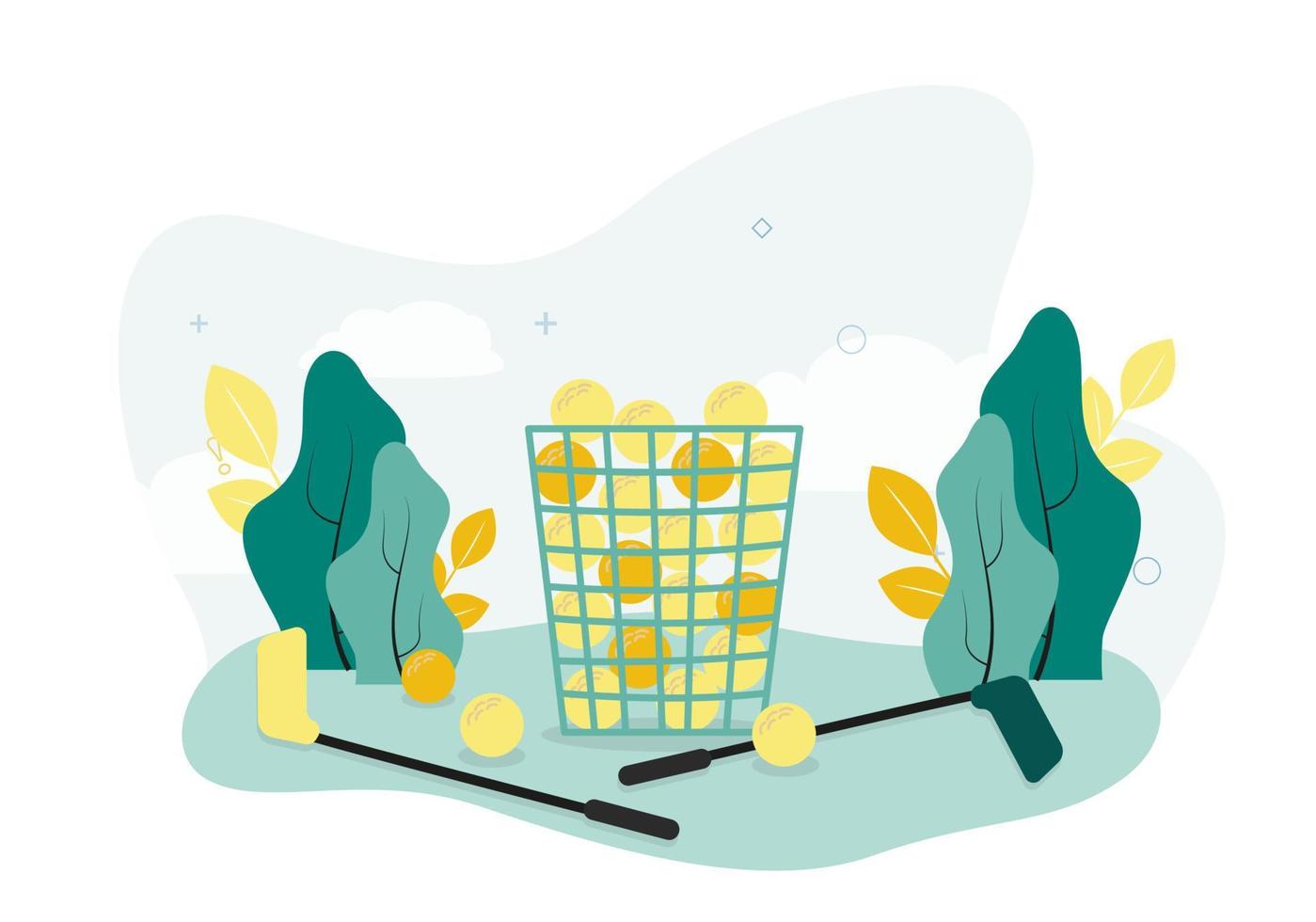 Golf illustration. Basket with golf balls, clubs, on a background of branches with leaves, clouds. vector