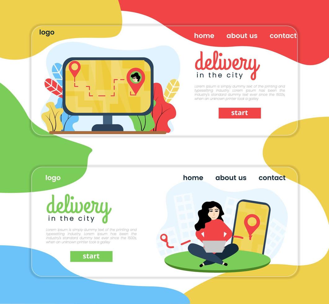 Set of illustrations banner city delivery. Illustration of a girl at a laptop making a delivery order, on a smartphone with a location icon. Illustration of parcel tracking. vector