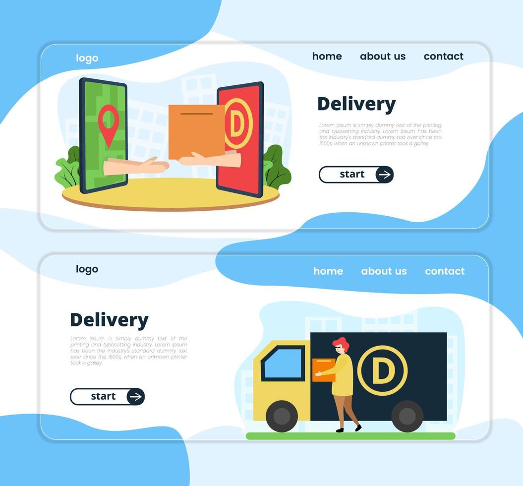 Set of delivery banner illustrations. Illustration of a hand from a smartphone with a delivery icon handing over a package to a hand from a smartphone with a location icon, inscription and text. vector