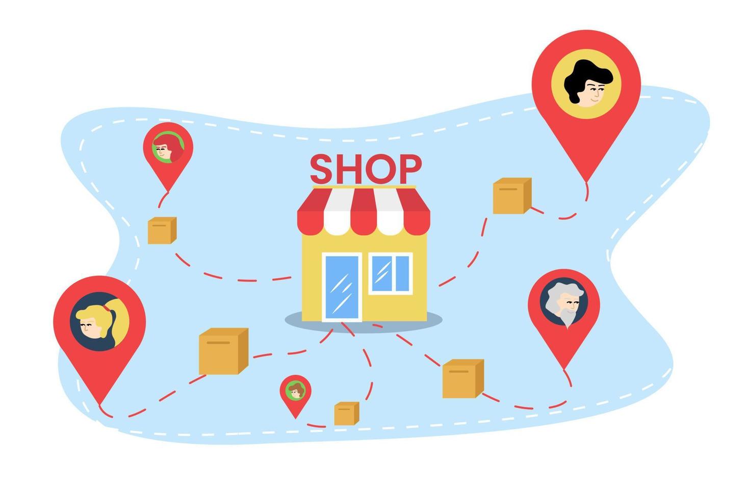 Delivery illustration. Goods delivery. The store from which the path is indicated by the dotted line on which the box leads to location icons. Shop, location icons with the image of people, boxes. vector