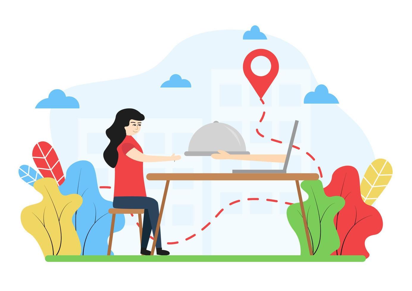 Delivery illustration. Food delivery. A woman sits at a table, on it from a laptop hands give a tray with a dome cover, against the background of the building. vector