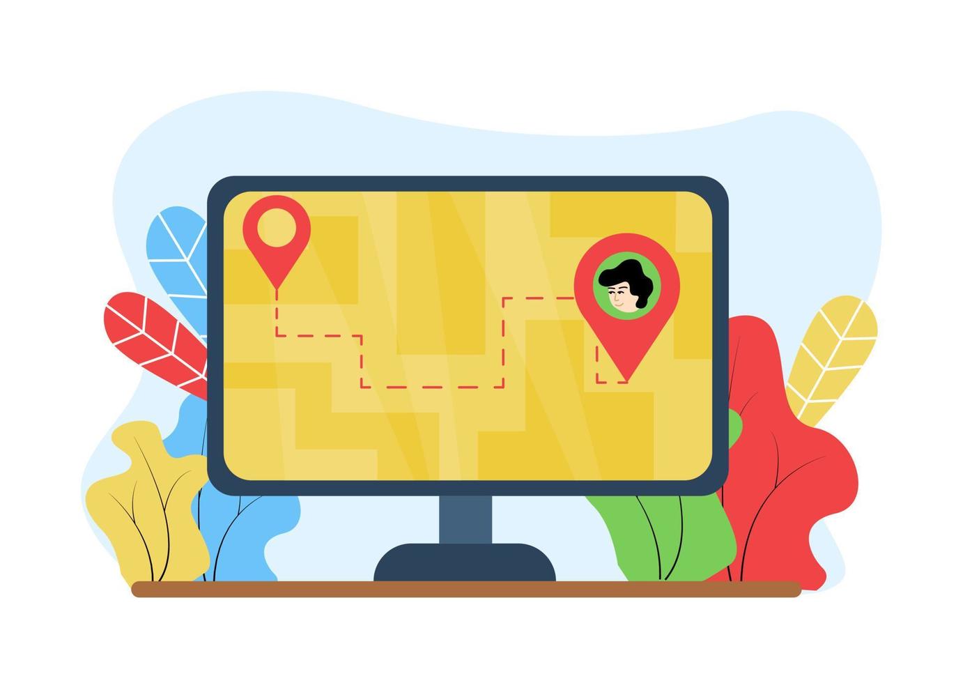 Delivery illustration. Package tracking. On the monitor, location icons with a dashed line between them, against the background of the plant. Location icons indicating the path on the monitor vector