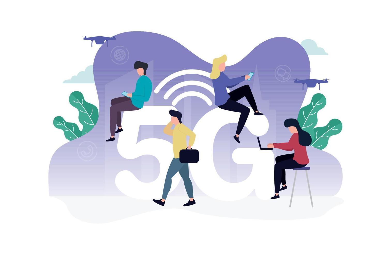 Vector illustration of 5G internet. Women with a laptop, a smartphone are sitting on a stool and the letter G, next to a man with a phone and a briefcase in their hands, quadcopters in the background.
