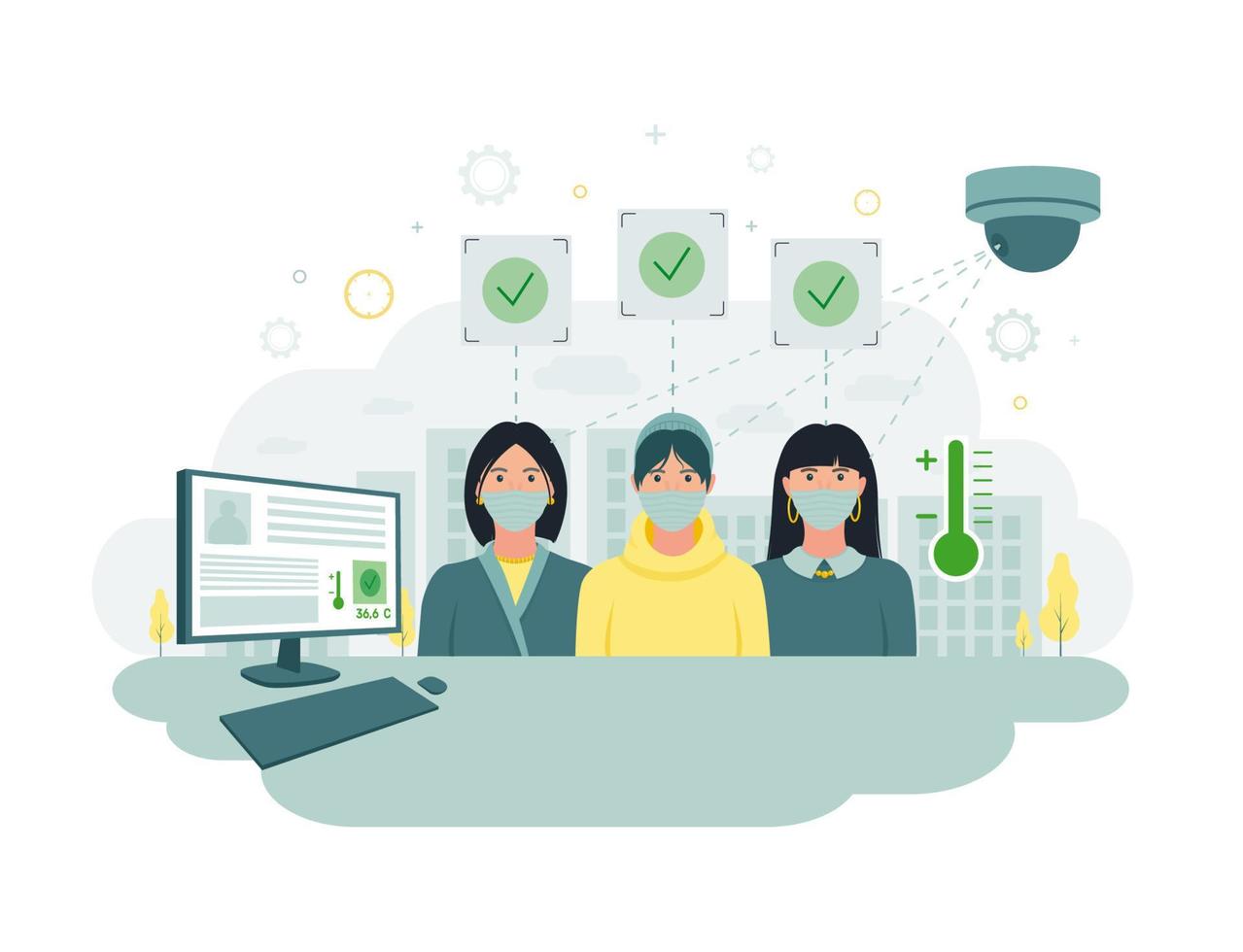 Video surveillance. CCTV. Thermal camera. The camera measures the temperature of people and transmits the data to the monitor. Vector illustration