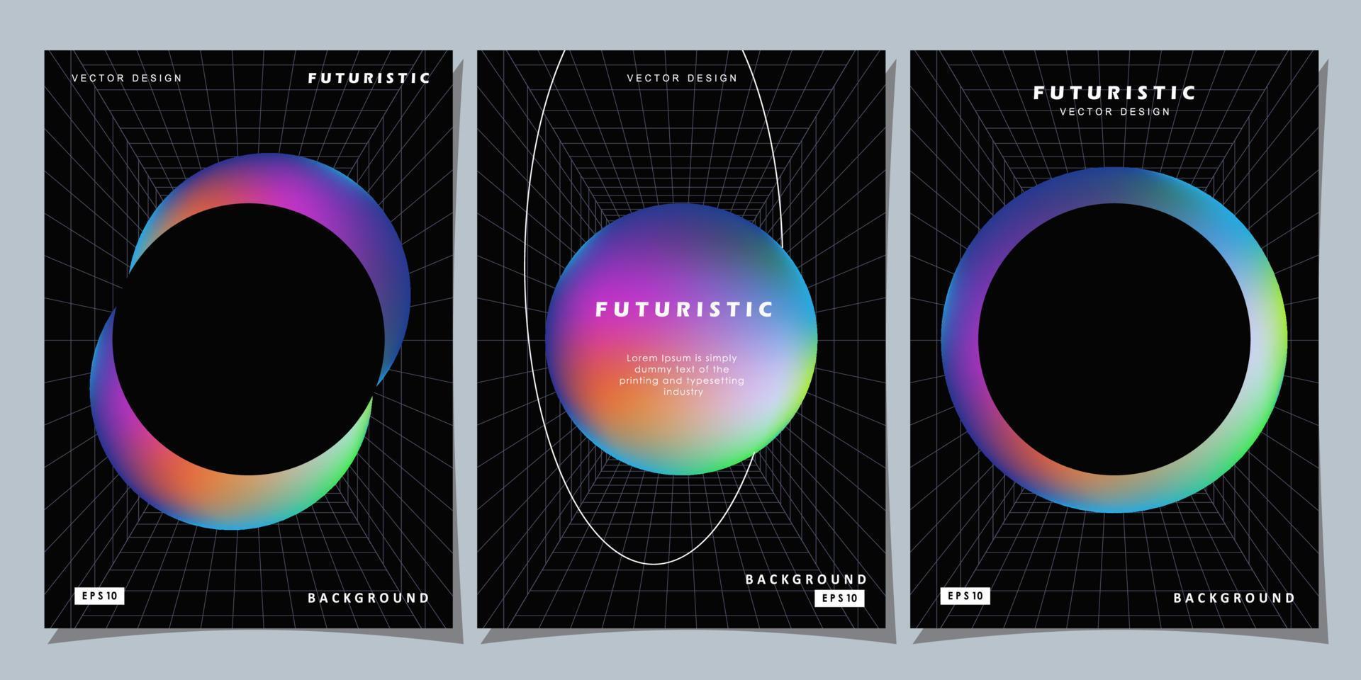 Set of colorful posters. Circle shape with neon lights. Abstract background with liquid gradient for banner, cover, social media posts. vector
