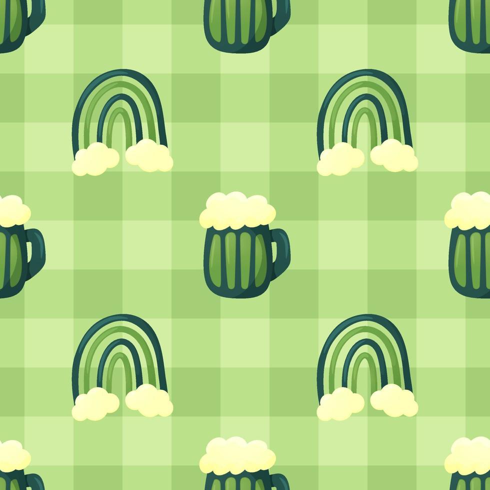 Green beer mug and rainbow. Seamless pattern. Cute flat style. St. Patrick's day. Irish charm. Checkered background. vector