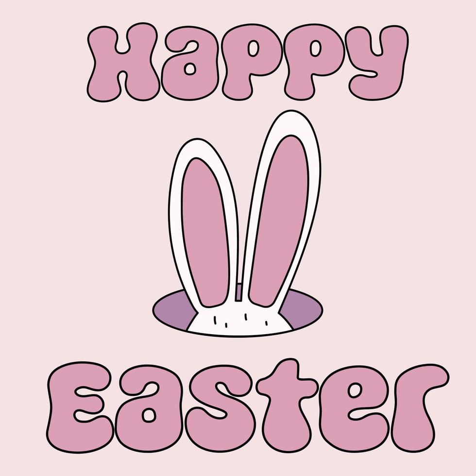 Happy Easter. Rabbit ears popped out of a hole. Retro cartoon style. Trippy hippie aesthetic. vector
