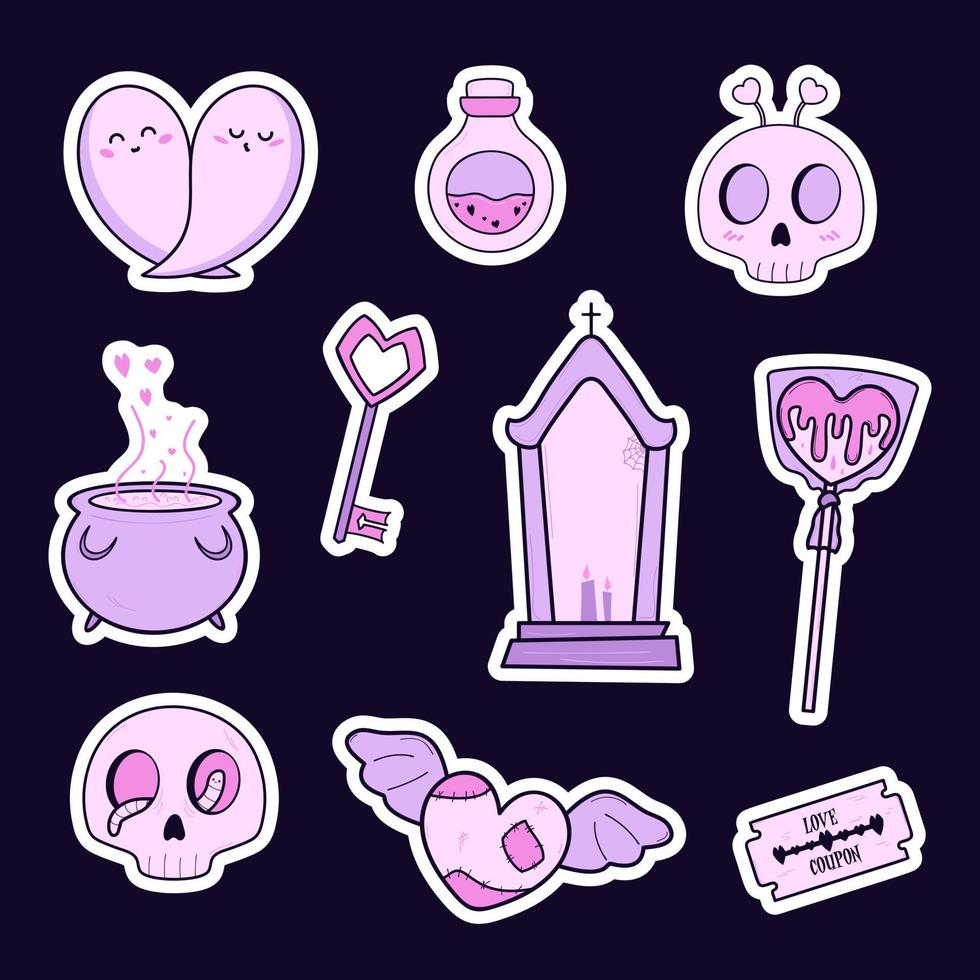 Creepy Valentine clipart. Spooky love. Pastel goth stickers. Kawaii weird style. Anti valentines day conception. vector